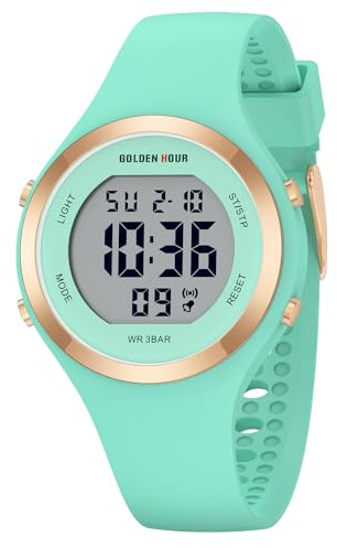GOLDEN HOUR Digital Ladies Watches 5ATM Waterproof Sport Womens Watch with Luminous/Date/Week/Month Chronograph, Silicone Strap Swimming Watch for Women