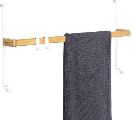 eluno Tür-Hängeregal aus Metall und Bambus, Tür-Handtuchhalter mit 1 Handtuchstange, 2 praktischen Haken, zum Einhängen ohne Bohren (Weiß)