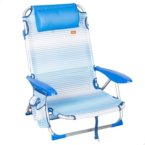 AKTIVE Chaise de Plage Pliante, 4 Positions, Rayures Bleues, 51X45X76 cm, Coussin Rembourré Inclus, Poche latérale, Poignées, Supporte 110 kg, Anti-Bascule, Multi-Positions, Dossier Inclinable (62671)