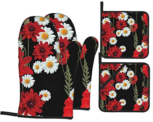 Ofenhandschuhe und Topflappen mit roten Blumen und weißen Gänseblümchen, 4-teiliges Set, hitzebeständige heiße Pads, rutschfeste Kochhandschuhe zum Kochen, Backen, Grillen