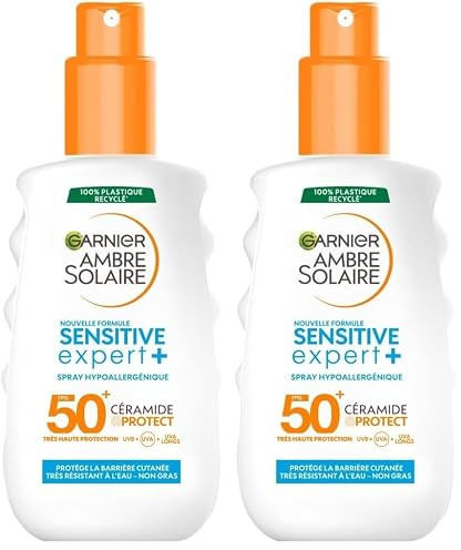 Garnier Ambre Solaire Sensitive Expert+ - Spray Solaire Hypoallergénique Adulte - Très Haute Protection FPS50+ - Non Gras & Non Collant - Waterproof - 150 ml (Lot de 2)