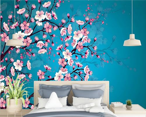 Art Papier Peint Intissé 3D Bleu Fleur De Cerisier Japonais 350x256 cm Muraux Tapisserie Photo Décoration Murale, Papier Peint Salon Chambre Bureau Couloir Peinture Murale Décor