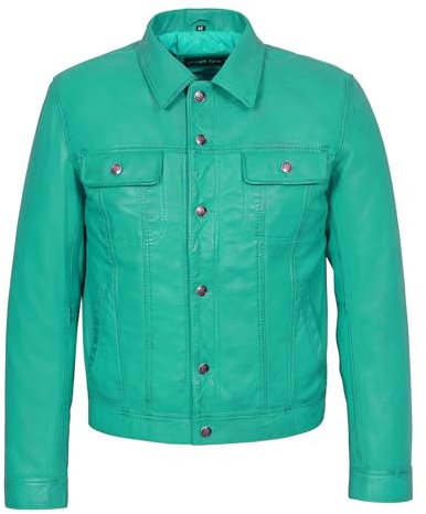 Smart Range Leather Veste de camionneur classique en cuir véritable souple pour hommes, Style chemise, aspect Denim, 1280 (FR/ES, Alpha/lettres, L, Taille normale, Taille normale, 1, Turquoise)