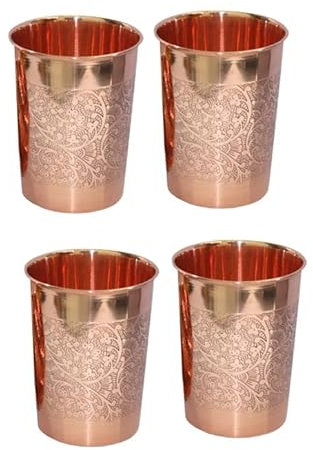 BRACOP® Copper Glass Drinking Flask Water Carafe Glassware Set Ayurveda Engraved Glass Pure Copper Mug Moscow Mule Drinking Flask Water Pitcher Juice Cocktail Tumbler