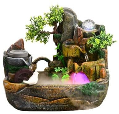 WOTZOV Fontana a Cascata in Resina con Decorazioni rocciose e Acqua Corrente, Fontana da Tavolo per Ingresso, Adatta per Ufficio, Soggiorno o Camera da Letto, per Ufficio Domestico