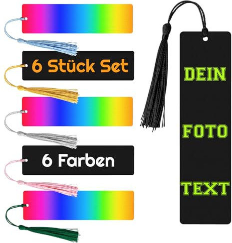 Lesezeichen Personalisiert (6 Stück Set) Mit Farb Quasten - Personalisiertes Lesezeichen - Lesezeichen Benutzerdefinierte Beidseitiger Druck - Mit Foto/Text/Logo - Bookmark