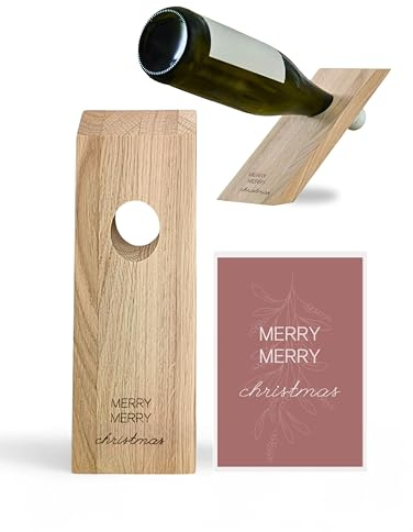 LIVLIG Magischer Flaschenhalter Eiche, schwereloser Weinflaschenhalter | Premium Wein Geschenk aus Holz. Schöner Weinhalter inkl. personalisiertem Weinetikett „Merry Merry Christmas“