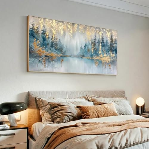 JACBON Abstraktes Ölgemälde „Wald“ mit Goldfolie auf Leinwand, Blattgold, Landschaft, Wanddekoration, moderne große Wandkunst, für Zuhause und Wohnzimmer, 70 x 140 cm, rahmenlos
