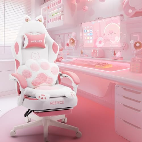MEENICE Pink Cute Katze Gaming Stuhl Stoff mit Katzenpfote Lendenkissen und Katzenohren, Gaming Stuhl mit Fußstütze Ergonomischer Pc Stuhl für Kinder Erwachsener Mädchen, 140kg Belastbarkeitfür, Rosa