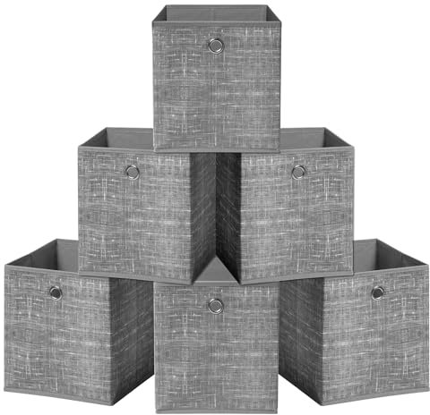 HEFTMAN Foldable Storage Cube Boxes - Set of 6 Grey Fabric Storage Boxes with Grommet Handle, Space Saving Fabric Cube Storage Boxes for Clothes, Toys, Books Organisation (30 x 30 x 30 cm - Grey)