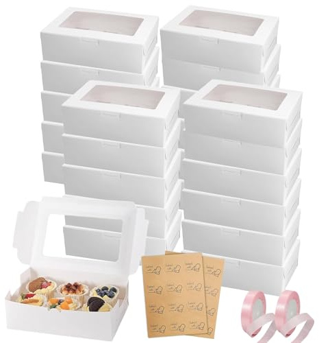 DYUEE 24 Packs White Cupcake Boxes 6 Holes Bakery Boxes with Window Cake Bo | with Stickers and Pink Ribbons, for Home Baking, Party, Wedding, Christmas, halloween, Cake Shop(24x16.5x7.5cm)