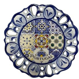 Portugal Azulejos handbemalte runde Keramikteller, Wanddekoration, zum Aufhängen, portugiesische Azulejoes-Keramik, schönes Geschenk aus Portugal (cremefarben und blau)