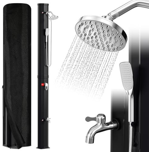 Eulenke Ducha solar de jardín de 40 L, con cabezal de ducha de lluvia de 360°, grifo y alcachofa de mano, agua caliente máx. 60 °C, sin conexión de alimentación, ducha de piscina con tapón de drenaje