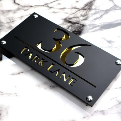 Numéro de maison moderne personnalisé, plaque d'adresse personnalisée, panneau moderne en acrylique pour numéros de maison, panneau de numéro d'adresse (noir doré)