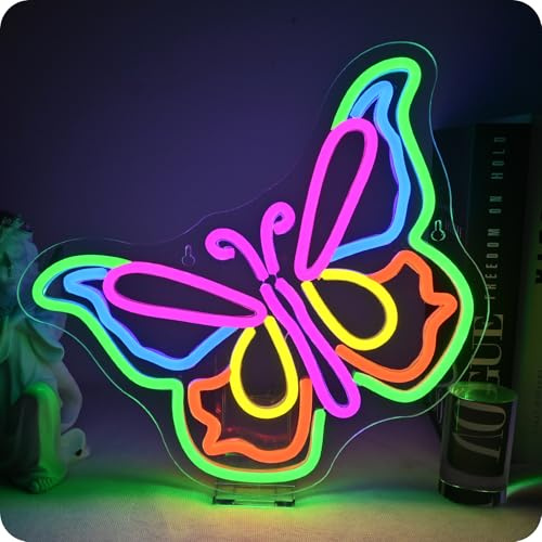 GLYOX Butterfly Neon Schild, Mehrfarbiger Schmetterling Led Schild,USB-Dimmbare Butterfly Neon Sign für Leuchtreklame Schlafzimmer Bar Café Club Salon Geschäft Mädchen Schlafzimmer LED Wanddekoration