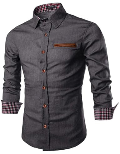 COOFANDY Men's Shirts Long Sleeve Denim Shirt Casual Dress Shirt Slim Fit Button Down Cotton Cowboy Shirts with Plaid Collar Grey L