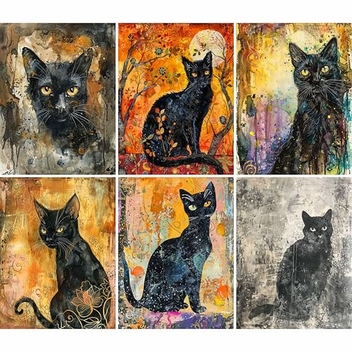 Reispapier mit schwarzer Katze, 21 x 26,5 cm (6 Blatt), Decoupage-Papier, 6 Designs für Collagen, gemischte Medien, Kartenherstellung und Basteln, Decoupage CRAFT KREATIVELY