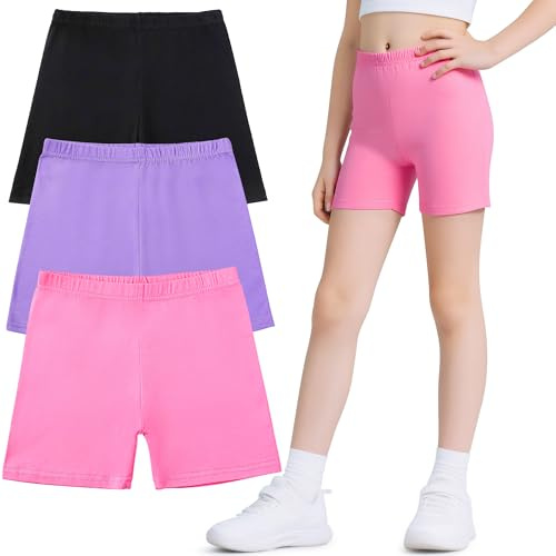 Domueay Pantaloncini Leggings per Ragazze, Pacco da 3, Cotone Estivi Shorts Corti Pantaloni da Ciclismo Sport Elasticizzati Comodo Sportive Danza Bambina Capri Legging 12-13 Anni, Nero Viola Rosa