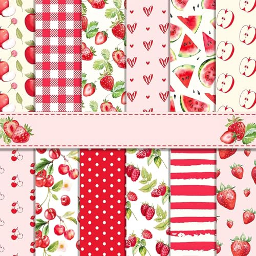 MerwDeeyt Scrapbook Papier 30x30 cm Bastelpapier mit Rot Obst Muster | 24 Blatt, Sommer Frucht Motivpapier, Doppelseitiges Dekorpapier, mit Erdbeere Kirsche Apfel Muster
