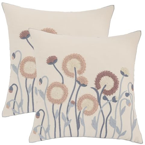 Tosleo Pack of 2 Throw Pillow Covers Flowers Embroidered Dandelion Cushion Covers 18 x 18 in Garden Cotton Pillowcases Spring Summer Modern for Sofa Bedroom Car Farmhouse Outdoor Decoration