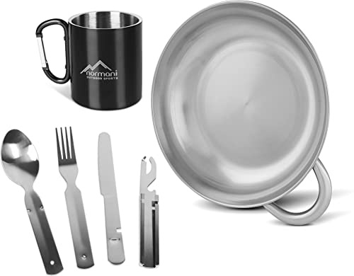Camping Kochgeschirrset Essgeschirr runder Teller mit Griff + 5-teiliges Besteck mit Flaschenöffner und Dosenöffner + Karabinertasse Thermotasse - rostfreies Reisebesteck