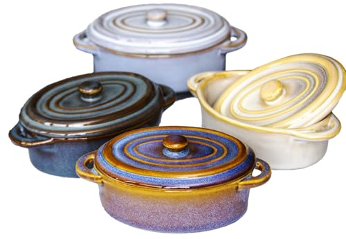 Set Of 4 Oval Reactive Glaze Mini Casserole Dishes 230ml Stoneware Oven Pots With Lids
