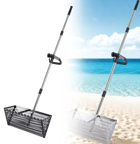 Rastrello per Pulci della Sabbia, Setaccio per Sabbia da Spiaggia in Acciaio Inossidabile con Cestello Largo da 15,8 Pollici a Dente di Squalo, Rastrello con Manico Lungo Staccabile per Spiaggia (Set