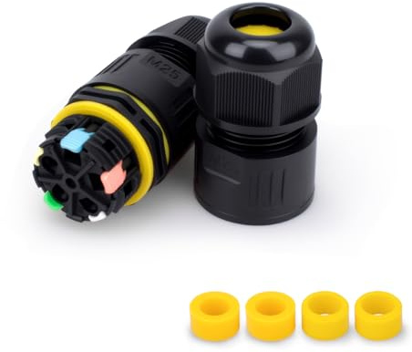 Innfeeltech 1 Pcs Waterproof Junction Box Outdoor Cable Connector, M25 Cable Coupler Fast Connecting, 5 Pole for 5 to 8mm Cable, with 4 Pcs Replaceable Wire Clamp Rubber Plug