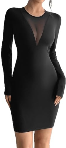 Gkaopi Vestidos de Fiesta Mujer Sexy Manga Larga Cuello Redondo Vestido Corto Elegante Malla Bodycon Mini Vestidos Negro Ajustado Wrap Vestido Lápiz para Noche Invitados Boda Coctel Club Casuales