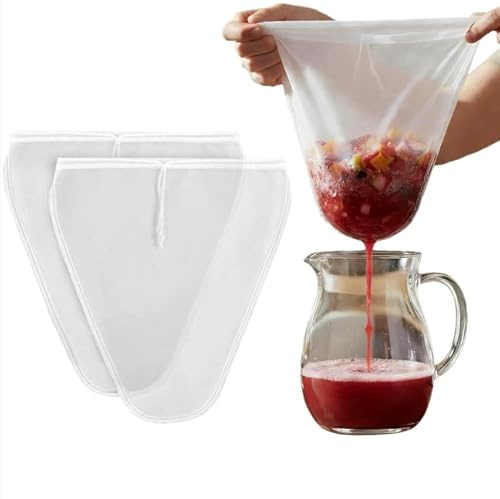 Reusable Nut Milk Bag with Drawstring, V-Shaped Nylon Strainer Bag for Kitchen Cooking, Fine Mesh Jelly Bag for Jam & Sloe Gin, 2 Pack 12x12 Washable Filter Pouch