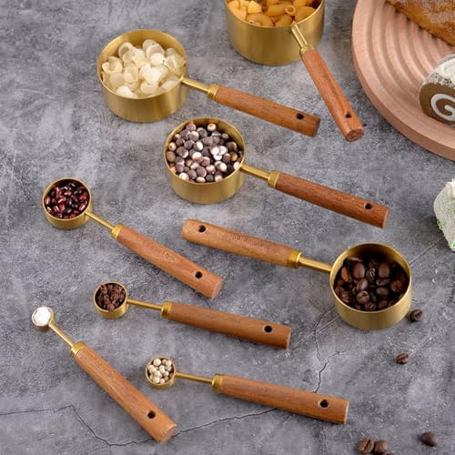 WIIYENA Lot de 8 tasses et cuillères à mesurer en acier inoxydable avec marquages gravés et poignées en bois pour la pâtisserie et la cuisine