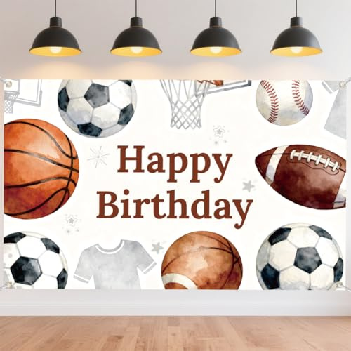 CRAFTYMELODY Cartel deportivo de cumpleaños de 72 x 44 pulgadas, telón de fondo de feliz cumpleaños, juego de pelota, pancarta de pared, baloncesto, fútbol, cabina de fotos, interior y exterior, con