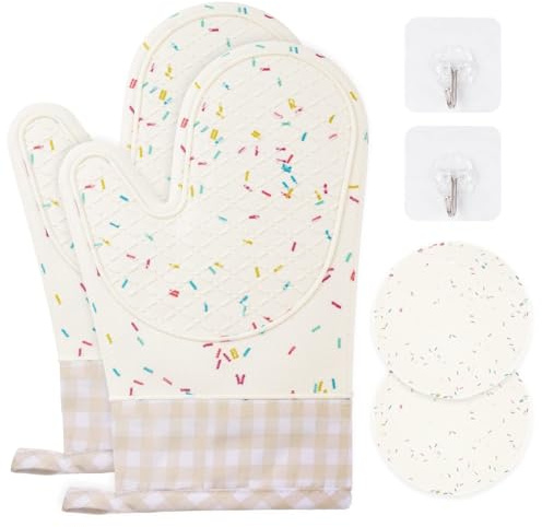 AUAUY 1 Paar Ofenhandschuhe Set, Silikon Baumwolle, 2 Topflappen, 446F° | Anti-Rutsch Kochhandschuhe, 446F° Hitzebeständige Topfhandschuhe, Backofen Handschuhe, für Küche, Kochen, Backen, Grillen BBQ