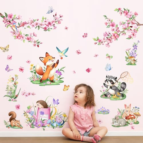 Supzone Wandtattoo Waldtiere Kirschblüte Rosa Blumen Groß Wandsticker Fuchs Hirsche Hase Baum Wandaufkleber Kinderzimmer Mädchen Babyzimmer Schlafzimmer Wanddeko | Dekoration Frühling Zweig Schlafzimmer Kindergarten Kinderzimmer Kinder Spielzimmer Zimmer Mädchen
