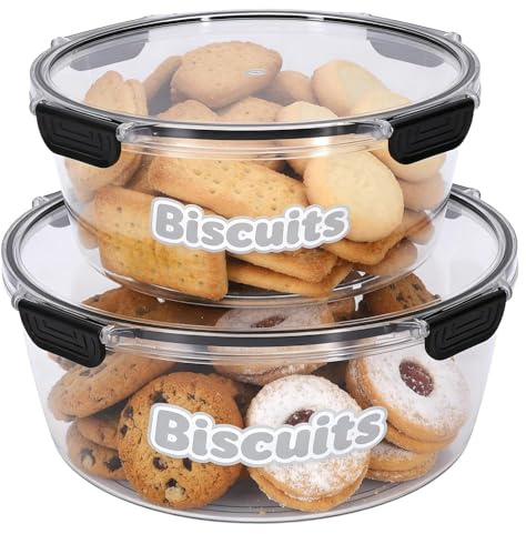 Punorric 2 Pack Biscuit Barrel 3.3L+2L Airtight Biscuit Container, Biscuit Tins Large Clear Cookie Jar, Locking Lid Cracker Storage Container Airtight, Cookie Storage Container for Fridge & Freezer