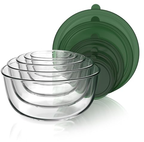 Arendo - Rührschüsseln aus Glas mit Deckel - Glasschüssel 5er Set - 1000ml + 1500ml + 2000ml + 2700ml + 4400ml – Rührschüsseln klein bis groß – Borosilikatglas - Salatschüssel Glasschale