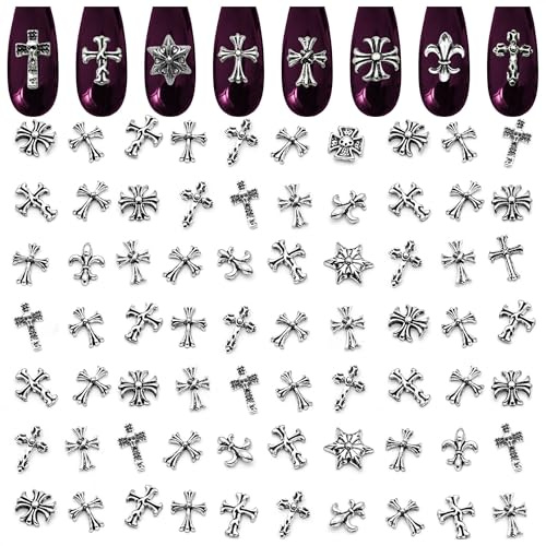 120 Pcs Silver Nail Charms – 3D Acrylic Silver Cross Charms for Nails with Curved Back, Secure Fit on Press-On, Gel, and Acrylic Nails – for Gothic, Party, Festival, Salon, DIY & Professional Manicure