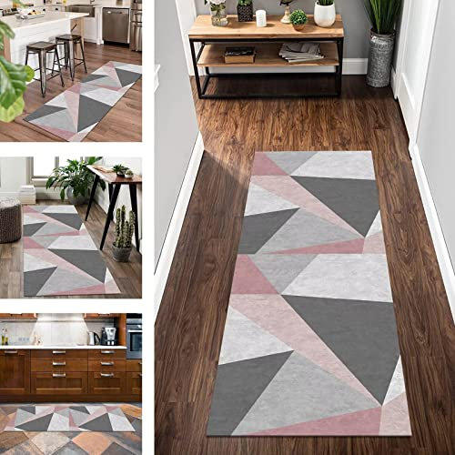Küchenläufer Teppich Läufer Flur rutschfest, Grau Rosa Geometrie Korridor Teppichläufer Waschbar 70X180CM Modern Läufer Tepiche Flur Schlafzimmer Wohnzimmer Meterware Küchenmatten Breite 40-120cm