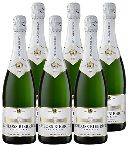 Schloss Biebrich Sekt Trocken (6 x 0,75 l) Trockener Sekt mit angenehmer Frische und ausgewogenem Fruchtspiel, Aromen von feiner Frucht und Birne, feinperlige, langanhaltende Perlage