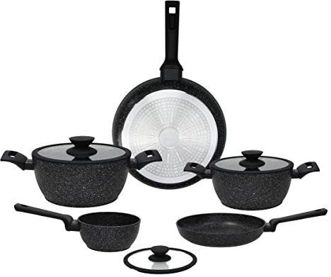 Tognana Authentika, Batteria di pentole e padelle, Set con 2 padelle, 3 casseruole, 3 coperchi trasparenti, 8 Pezzi, Alluminio, Nero