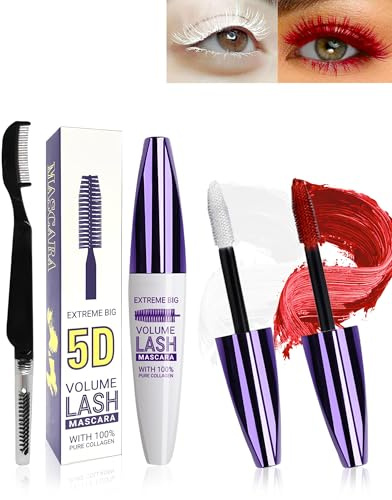Mascara Rosso Bianco in fibra di Seta 5D-2 Colori Mascara Spesso Volumizzante E Allungante,Set di Mascara Colorato Waterproof Lunga Durata Con Pennello Per Ciglia,Creando Un Glamour Trucco Occhi-03+07