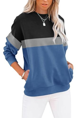 Cuptacc Pullover Damen Rundhals Elegant Sweatshirt Locker Farbblock Taschen | Alltag,Atmungsaktiv,Lässig Bequem,Der Stoff ist Weich Hautfreundlich,Farbblock,Lockerer Passform,Rundhals