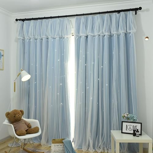 Bishilin Gardinen Verdunkelnd 2er Set 107x214CM, Vorhänge Blickdicht Haken Fantastisch Doppellagig mit Sternen Motiv Verdunklungsvorhänge Blau Wohnzimmer Jugendzimmer Kinderzimmer