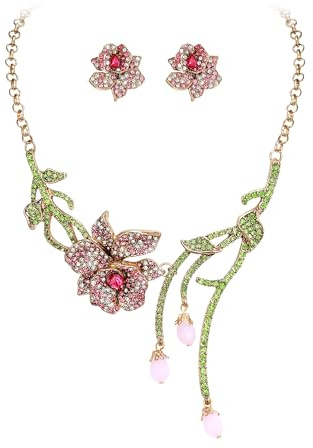 EVER FAITH Strass rosa Blume Kragen Halskette mit künstliche Perlen, Frühling Rose Blatt Statement Choker mit Ohrstecker für Damen Mode Boho Party Prom-Schmuck Zubehör