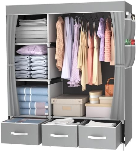 LONENESSL Canvas Wardrobe, 105 x 45 x 163 cm, Portable closet, bedroom armoire, clothes storage box, simple hanging clothes wardrobe, Versatile Fabric Wardrobes, wardrobe for bedroom, Gray