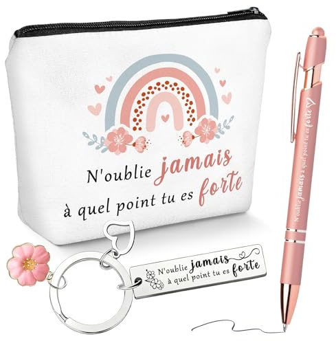 Cadeau de Courage Trousse a Maquillage Femme avec Porte Clé Femme et Stylo à Bille, pour Meilleure Amie Cadeau Jeune Collègues Famille, Cadeaux de Encouragement de Noël