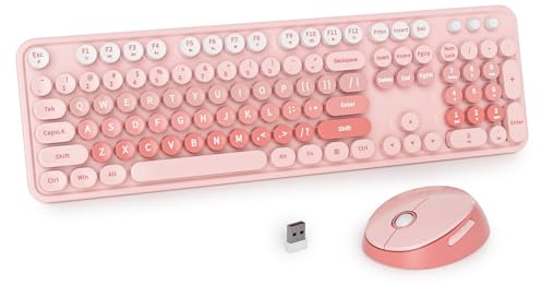 iRoboosta Teclado y mouse rosa inalámbrico, teclado de máquina de escribir de 2.4 GHz con teclas redondas, teclado colorido de tamaño completo con teclado numérico, teclados estéticos para el hogar y