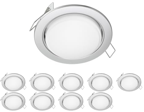 ledscom.de 10x LED Einbaustrahler Zobe flach GX53 chrom matt rund 6,2W 509lm warm-weiß 107mm Ø Lochkreis 90mm Ø