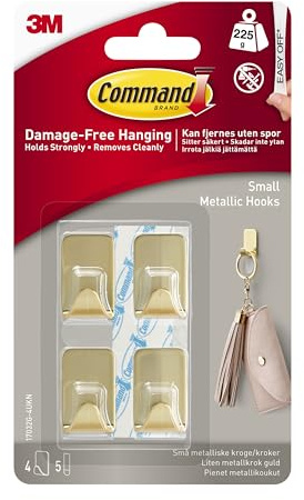 Command Small Metallic Hook, Gold Colour - 4 Hooks, 5 Adhesive Strips - Indoor use - Damage Free Hanging
