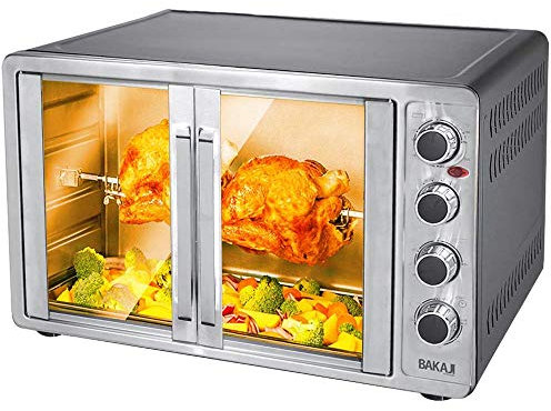 Bakaji Forno Fornetto Elettrico Ventilato 55 Lt Potenza 2200W con Doppia Porta Luce Interna 4 Selezioni di Cottura Temperatura Regolabile Timer Girarrosto e Accessori